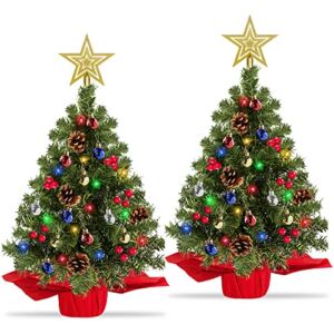 [ 2 Pack & Timer ] 20 Inch Prelit Tabletop Christmas Tree Decorations 30 Multi-Color Lights Star 15 Balls Ornaments 21 Red Berries 6 Pinecone Small Christmas Tree Decor Home Indoor Mantel