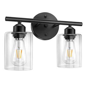Bathroom Vanity Light Fixtures, 2-Light Black Wall Sconce Lighting Wall Lamp with Clear Glass Shade, Vintage Wall Mounted Lights Bathroom Lights for Mirror, Living Room, Bedroom, Hallway, Porch