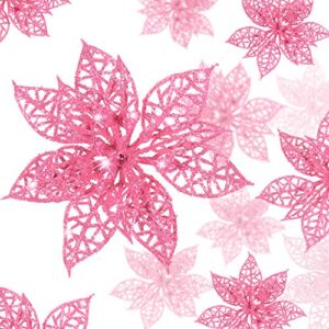 Boao 24 Pieces Glitter Poinsettia Christmas Tree Ornament Christmas Flowers Decor Ornament, 3/4/6 Inches (Pink)