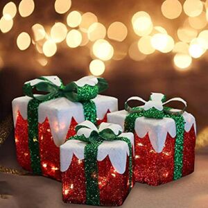 MorTime Set of 3 LED Gift Boxes Christmas Boxes with Green Bows, Lighted Red Boxes with 60 LED Light String for Christmas Indoor Outdoor Home Yard Party Decoration