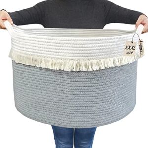 COMFY-HOMI Baskets XXXLarge Boho Cotton Rope Woven Laundry Basket 21”x21”x13.6” with Handle, Toy Storage Basket, Soft Decorative Hamper for Baby Bed Room, Blanket, Towel, Pillow – Tassel White/Grey