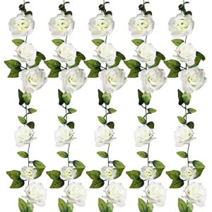 FloraSea 5 Pack 40 ft Fake Rose Garland, Artificial Silk White Rose Flower Vines, Hanging Floral Garland, Wedding Flowers String Party Arch Garden Decor for Party Decoration