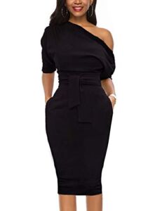 Nature Comfy Elegant Womens Wear to Work Casual one Shoulder Belted Pencil Dress with Pockets (M, Classic Black)