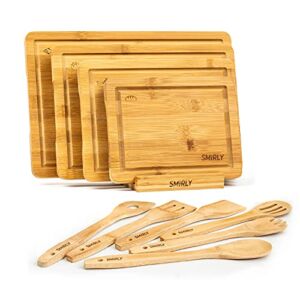 SMIRLY Bamboo Cutting Boards for Kitchen – Bamboo Cutting Board Set, Chopping Board Set – Wood Cutting Board Set with Holder – Wooden Cutting Board Set (Large & Small)