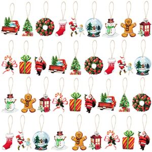 Haooryx 37PCS Vintage Christmas Wooden Hanging Ornaments Santa Snowman Gingerbread Cutouts Traditional Wood Slices Sign Watercolor Christmas Tree Pendant Tags for Winter Holiday Home Farmhouse Supply