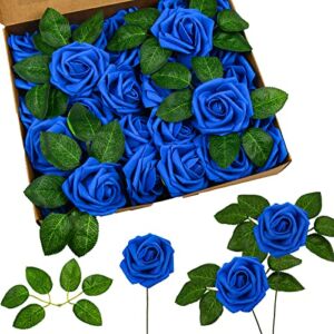 DIYASY Blue Fake Rose Flowers in Bulk,30 Pcs Artificial Foam Flowers with Stem for Wedding Centerpieces,DIY Bouquets,Craft and Home Floral Arrangement Decorations