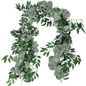 5.9′ L Mixed Faux Silver Dollar Eucalyptus Artificial Willow Vines Twigs Leaves Garland String Wedding Arch Swag Backdrop Garland Doorways Greenery Garland Table Runner Garland Indoor Outdoor