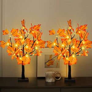 2 Pack 24-inch Fall Lighted Maple Tree, 48 LED Lights, Thanksgiving Decoration Table Tree, Battery Operated DIY Artificial Tree, Centerpieces Decor Tree for Home Desktop Autumn Harvest Tabletop Indoor
