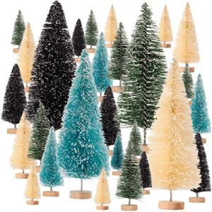 44 PCS Artificial Mini Christmas Trees Colorful Bottle Brush Christmas Trees Snow Frosted Christmas Tree with Wood Base, Sisal Trees Pine Trees for Crafting Christmas Home Decoration Tabletop Ornament