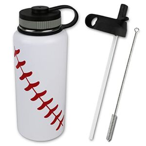 Urbanifi Water Bottle Baseball STRAW LID Tumbler 32 oz Gift for Mom Men Flask Sports Travel Waterbottle, Stainless Steel, Vacuum Insulated, Water Cold for 24, Hot for 12 hours (Baseball Straw Lid)