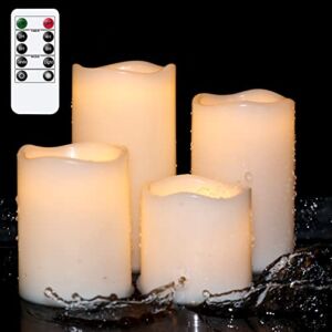 DRomance Outdoor Flameless Candles with Remote and Timer, 4 Pack Battery Operated Waterproof Plastic White LED Flickering Candles 3 x 3, 4, 5, 6 Inches Home Garden Outdoor Decor