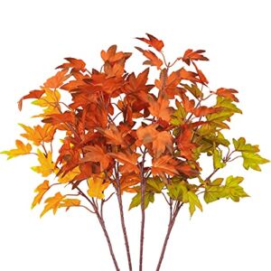 Phliofd 4Pcs Artificial Maple Leaves Branches 21.6in Fake Fall Leaves Stems Plants Outdoor Greenery for Home Kitchen Farmhouse Thanksgiving Table Centerpiece Fireplace Halloween Décor Orange