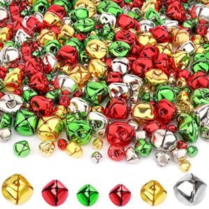 Augshy 200 Pieces Colorful Jingle Bells 4 Colors Mixed Craft Bell Bulk for Christmas Home and Pet Decorations Xmas Decor Party Favors Supplies (0.4/0.6/1 inch)