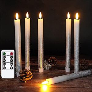 Wondise Flickering Flameless Taper Candles with Remote and Timer, 9 Inch Battery Operated Silver Real Wax 3D Flame Window Candles for Holiday Christmas Decor, Set of 6(0.78 x 9.64 inch)