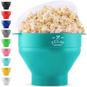 Zulay Kitchen Large Microwave Popcorn Maker – BPA Free Silicone Popcorn Popper Microwave Collapsible Bowl With Lid – Family Size Microwave Popcorn Bowl (Aqua)