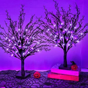 2 Pack 24 Inch Prelit Halloween Black Tree Halloween Decorations Artificial Black Spooky Tree Timer Battery Powered Total 48 LED Purple Lights DIY 25 Spider & 25 Bat Tabletop Indoor Home Party Holiday
