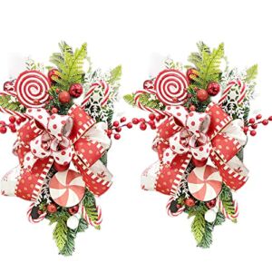 Candy Cane Wreath Lollipop Garland Christmas Decorations Holiday Wreath for Front Door Wall Hanging Decor (2pcs)
