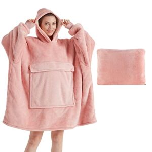 Touchat Wearable Blanket Hoodie, Oversized Sherpa Blanket Sweatshirt with Hood Pocket and Sleeves, Super Soft Warm Plush Hooded Blanket for Adult Women Men, One Size Fits All (Pink)