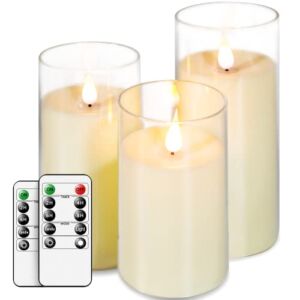 LED Flameless Candles Flickering Battery Operated Candles Pack of 3(D: 3″ x H: 5″ 6″ 7″) LED Candles Made of Unbreakable plexiglass and Remote Control with 24-Hour Timer,Transparent