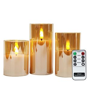 Rhytsing Gold Glass Battery Operated Candles with Remote, Flameless LED Candle Gift Set, Warm White Light, Batteries Included – Set of 3