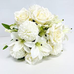 FTPRO 2 Artificial Flowers Bouquets of Roses, Hydrangea and Lilies. Realistic Fake Flower Arrangement is Suitable for Home Decoration of Bridal Bouquet, Living Room Dining Table(Cream )