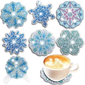 TEBWPIY Christmas Diamond Painting Coasters Kit with Bracket, 6 Pcs Winter Snowflakes Glitter Small Diamond Painting for Beginners Kids DIY Diamond Art Craft Supplies for Christmas Home Decorated