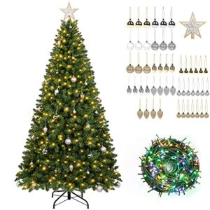 IKARY 6.5ft Pre-Lit Christmas Tree 1222 Branch Tips Artificial Xmas Pine Tree with 350 Multicolor LED Lights & 52pcs Ornaments for Home, Office, Party Decoration, Metal Hinges & Base, Arbol De Navidad