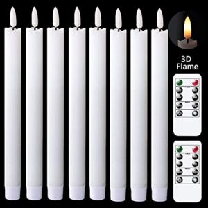 GenSwin Taper Flameless Candles Flickering with 2 Remote Controls and Timer, Battery Operated Led Warm 3D Wick Light Window Candles Real Wax Pack of 8, Christmas Home Decor(White, 0.78 X 9.64 Inch)