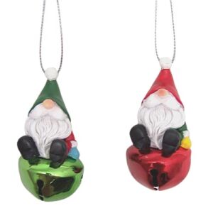 Gnome Jingle Bell Christmas Ornaments, Set of 2 Assorted Designs, Holiday Décor, Tree Hanging Ornaments, 3 Inches