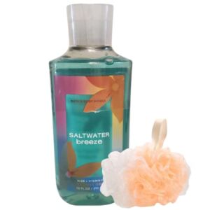 Bath & Body Works Bath and Body Works Gift Set Bundle with Shower Gel Soap and Loofah Sponge Pouf – (Saltwater Breeze), Beige, 1 Count , 2