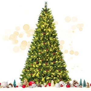 HAPPYGRILL 8 Feet Christmas Tree, Hinged Artificial Spruce Tree, Party Decoration with 1,806 Tips, Pine Cones, Red Berries, Metal Base, Pre-Decorated Christmas Tree for Home Office, (JFO-600RBW-O06)
