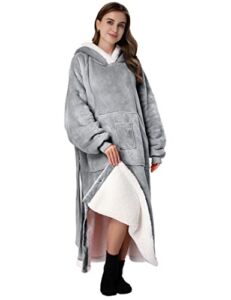 Long Wearable Blanket – Oversized Super Warm Sherpa Flannel Blanket with Sleeves and Giant Pocket Fleece Hooded Blanket Hoodie for Adults Women Men, Sweatshirt Blanket Gifts