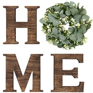 Mkono Farmhouse Wall Home Sign with Artificial Eucalyptus for O Rustic Wooden Home Hanging Letters Decorative Wall Art Wood Signs Decor for Living Room Kitchen Entryway Housewarming Gift, Brown