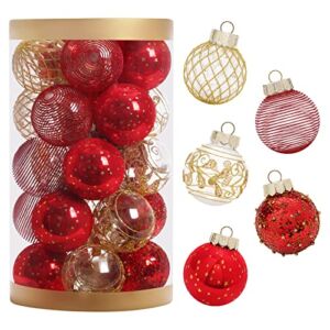 JIALEIXI 25PCS Christmas Ornaments Set, 2.36″/6CM Clear Plastic Shatterproof Christmas Ball Hanging Ornaments for Xmas Tree Decorations, for Indoor Home Party Holiday Decor – Red/Gold.
