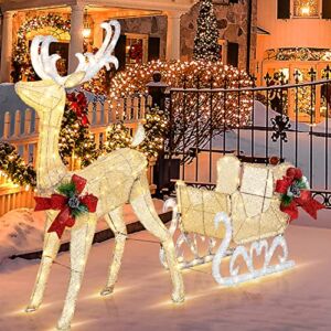 Shintenchi Christmas Lighted Reindeer and Sleigh Decor,Outdoor Yard Decoration Set w/ 200 LED Lights, Pre-lit Glittered Standing Ornaments for Christmas Garden Patio Lawn Front Door Indoor Display