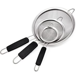 Makerstep Set of 3 Stainless Steel Fine Mesh Strainers Graduated Sizes 3.38″, 5.5″, 7.87″ Strainer Wire Sieve Sifter with Insulated Handle for Kitchen Gadgets Tools – New Home Kitchen Essentials
