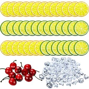 130 Pieces Fake Lemon Slice Ice Cubes Set, Include 20 Simulation Lemon Slice Fake Lemon Slices Fake Fruit, 100 Acrylic Fake Ice Cube, 10 Artificial Simulation Cherries for Wedding Kitchen Decoration