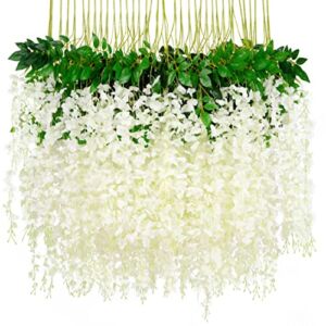Wisteria Hanging Flowers, 36 Pack 43.2 inch 3.6 Feet Wisteria Artificial Flower Fake Wisteria Vine Ratta Long Hanging Bush Garland Silk Flowers String Decorate Home Party Wedding Decor (Milk White)