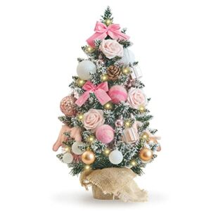 WBHome 1.8 Feet Pre-lit Decorated Tabletop Christmas Tree, Rose Gold Ornament Decorations with Pine Cones, Snow Flocked Mini Christmas Tree with Lights, 35 Bulbs (1.8FT)