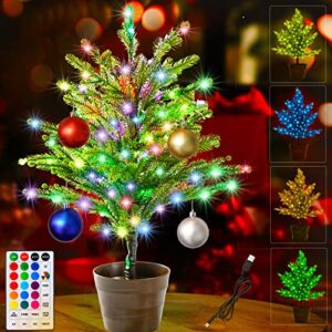Lighted Mini Christmas Tree, Tabletop LED Xmas Tree with Remote Color Changing, Colorful 80LED Pre-lit Artificial Small Tree in Pot with Hanging Ball Ornaments for Home Party Christmas Decoration, RGB