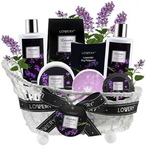 Christmas Gift Basket Bath and Body Gifts for Men – Spa Gift Baskets for Women, Lavender Lilac Spa Kit, Bubble Bath, Bath Bomb, Shower Gel, Potpourri, Handmade Basket & More, Self Care Gifts for Women