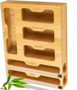 Bamboo Ziplock Bag Organizer | Foil and Plastic Wrap Organizer | Real Bamboo 6-in-1 Sandwich Bag Organizer and Dispenser For Drawer, or Wall | Kitchen Pantry Organization Storage