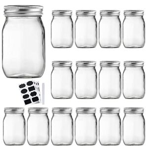 16oz Glass Jars with Regular Lids, Mason Jar With Airtight Lids, Clear Glass Jar Ideal for Jam,Honey,Shower Favors,Wedding Favors, 15 pack