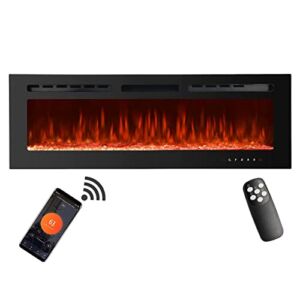 Anpuce 50″ Electric Fireplace, WiFi-Enabled in-Wall Recessed and Wall Mounted with Overheating Protection, Thermostat, Timer /Touch Screen/Remote Control, Compatible with Alexa Log & Crystal, (Black)