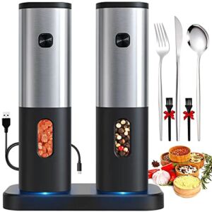 Rechargeable Electric Salt and Pepper Grinder Set with Charging Base, DERGUAM Stainless Steel Pepper Grinder with Rechargeable Batteries, Salt Grinder with Adjustable Coarseness and LED Blue Light