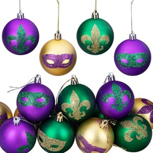 Watayo 12 PCS Mardi Gras Hanging Ball Ornaments-2 Inch Mardi Gras Shatterproof Ball-Purple Green Gold Glitter Tree Ornaments for Mardi Gras Holiday New Orleans Masquerade Party Decor