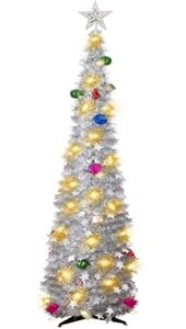 SLPBABY 5Ft Pop-Up Christmas Tree with Pre-Lit 70 Led Lights, Battery Operated with Timer Mode, Collapsible Pencil Tinsel Christmas Trees with Ball Ornaments for Indoor Outdoor Decoration