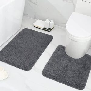 Buganda Microfiber Bathroom Rugs Set 2 Pieces – Shaggy Soft Bath Mat & U-Shaped Toilet Rug, Non-Slip Machine Wash/Dry Absorbent Shower Bathroom Rugs and Mats Sets for Bathroom(20″x24″+20″x32″, Grey)