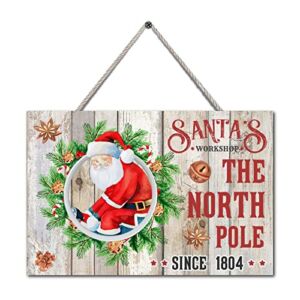 Christmas Outdoor Porch Sign Santa’s Workshop Vintage Painting Wood Wall Art Signs Wood Grain Christmas Wall Decorations Wooden Printed Sign for Home Kitchen Door Wall Holiday Gift 8×12 Inch