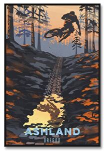 Ashland Oregon Puddle Jump Mountain Biker Professionally Framed Giclee Archival Canvas Wall Art for Home & Office by Illustrator Sassan Filsoof 30″ x 45″